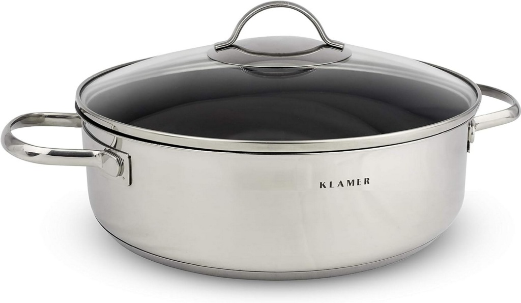 KLAMER Servierpfanne, Schmorpfanne mit Deckel 28cm Induktion, Edelstahl Schmortopf backofengeeignet, Schmorpfanne hoher Rand, Premium Beschichtung